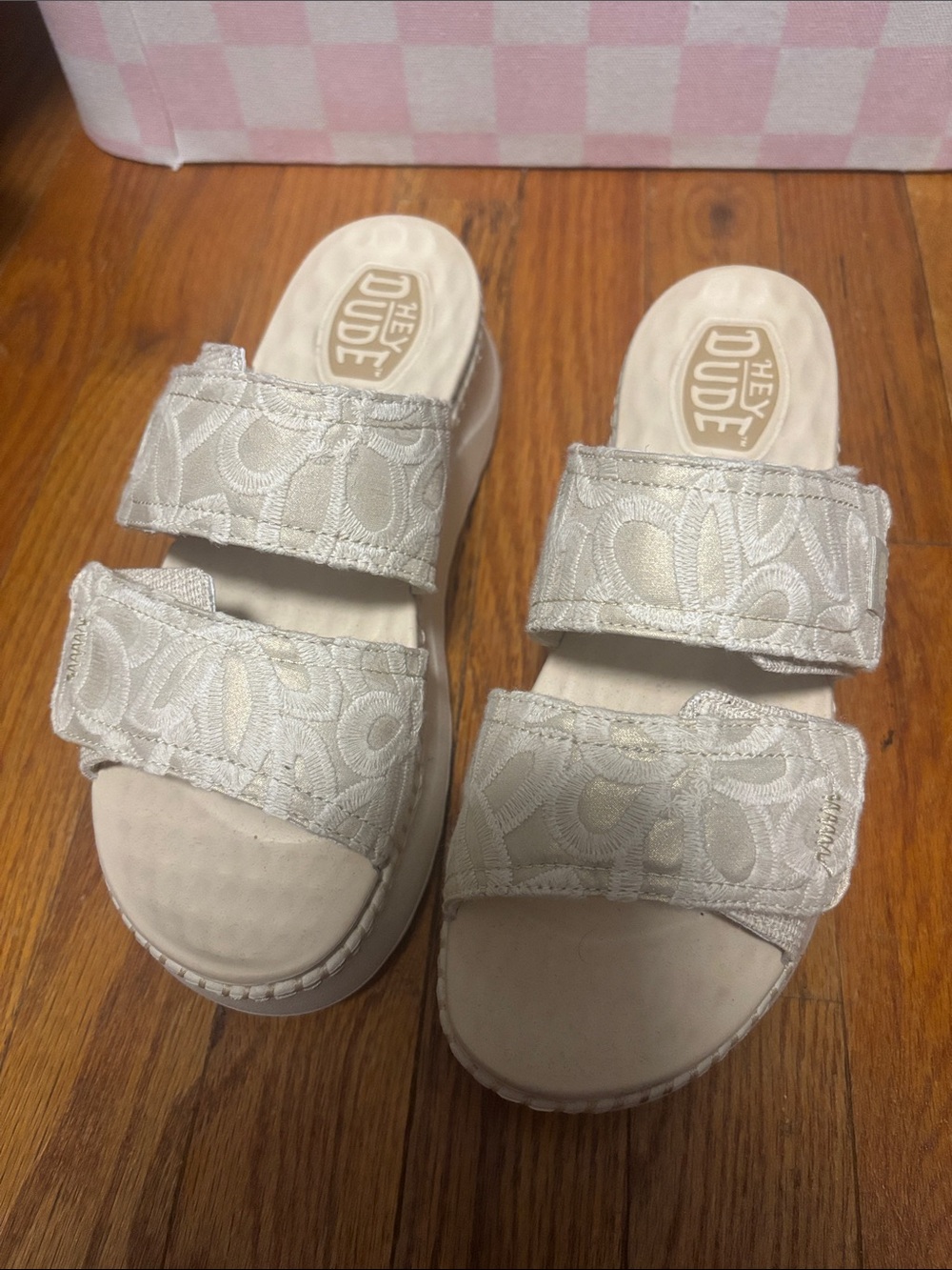 Hey Dude Silver-Tone Embroidered Double-Strap Slides